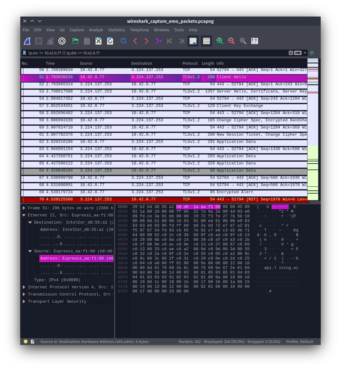 screenshot of wireshark showing captured packets